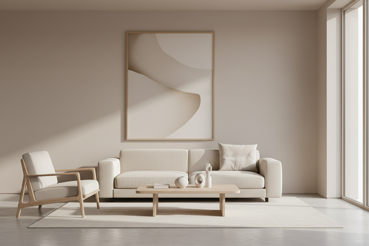 Minimalist modern living room interior with neutral tones. Soft beige and cream color palette, stylish fabric sofa, modern armchair, wooden coffee table with ceramic decor vases, abstract wall art, large windows with natural daylight, clean Scandinavian design, calm luxury atmosphere. Wide horizontal composition, soft shadows, elegant and uncluttered, professional ecommerce website hero background, high resolution, photorealistic.